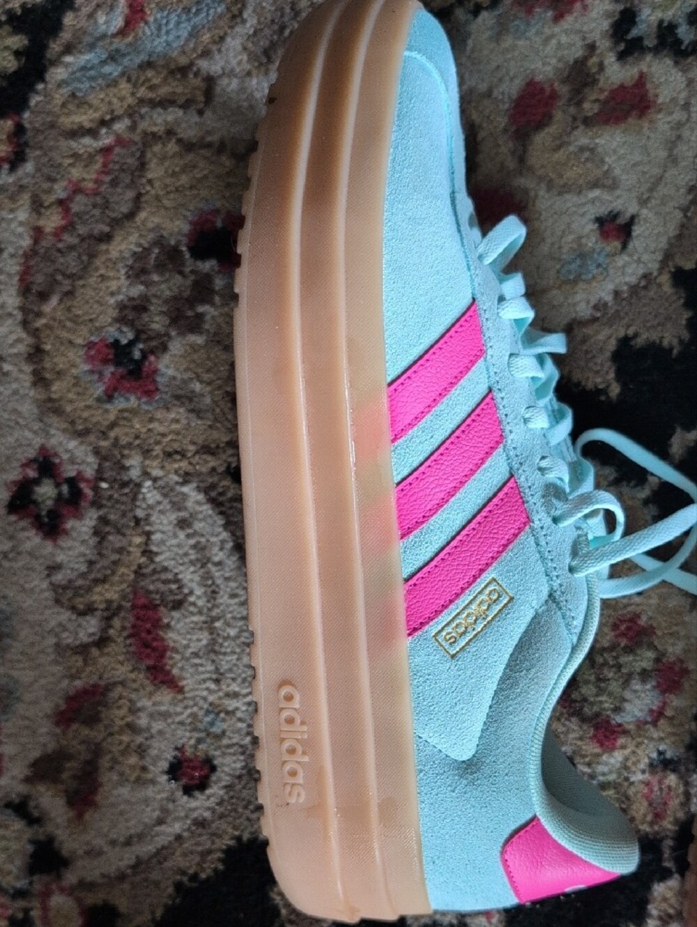 adidas Women’s Mint Green Suede Sneakers with Pink Stripes - Picture 2 of 4